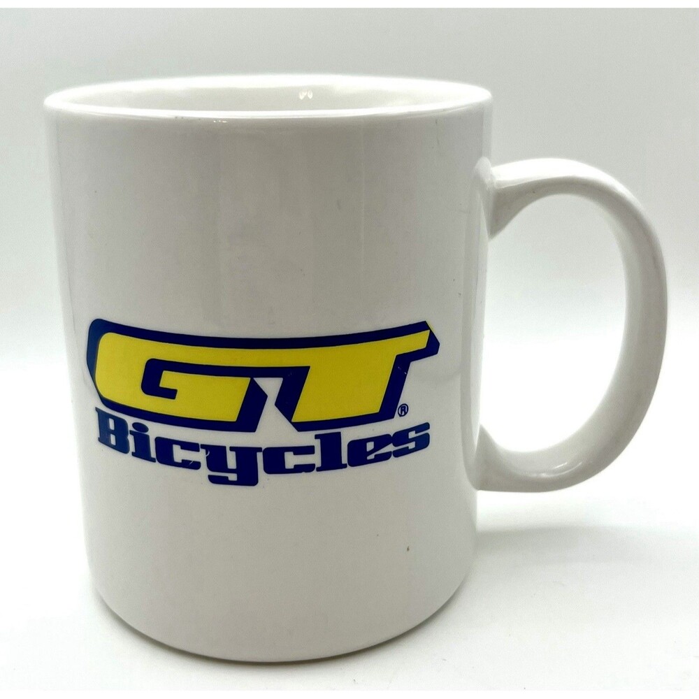 Vintage GT Bicycles Ceramic Mug White Yellow Blue